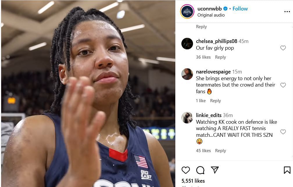 Fans react to UConn's IG video highlights of KK Arnold's energetic performances. Image via @uconnwbb